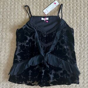 NWT Parker Black Burnout Velvet Ruffled Spaghetti Strap Camisole Top, Size XS